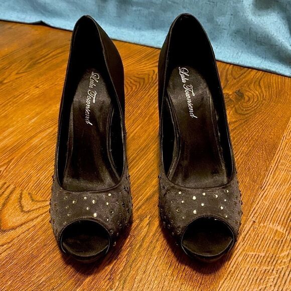 🌷 Club Townsend🌷GorgeousBlack Satin Rhinestone Studded Heel Open Toe Pumps - Picture 6 of 8